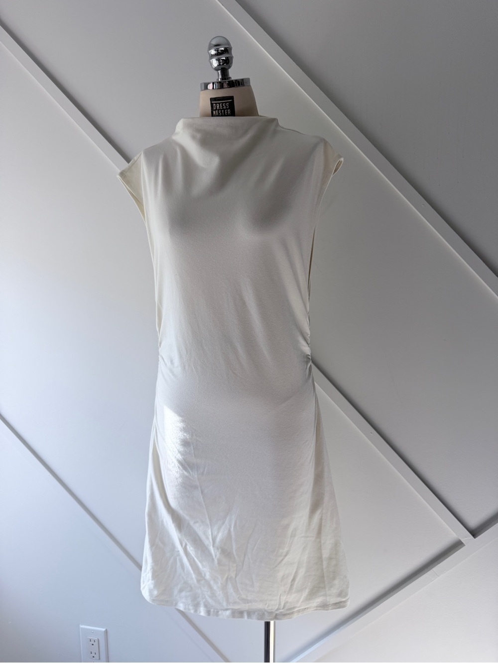 Reformation Cream White Cotton Ruched Mock Neck Mini Dress XL